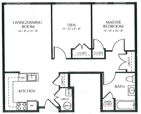 Floor plan for 1 bed, 1 bath, 666 sqft